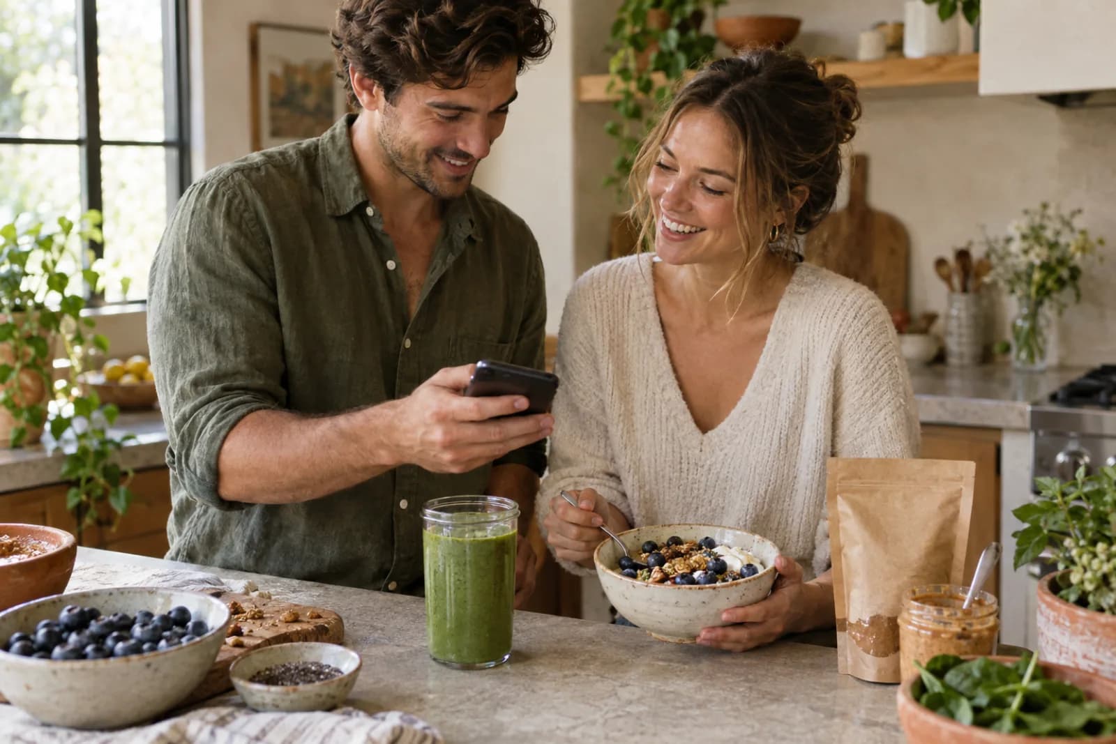 A couple preparing a healthy breakfast and checking ingredients on a phone
