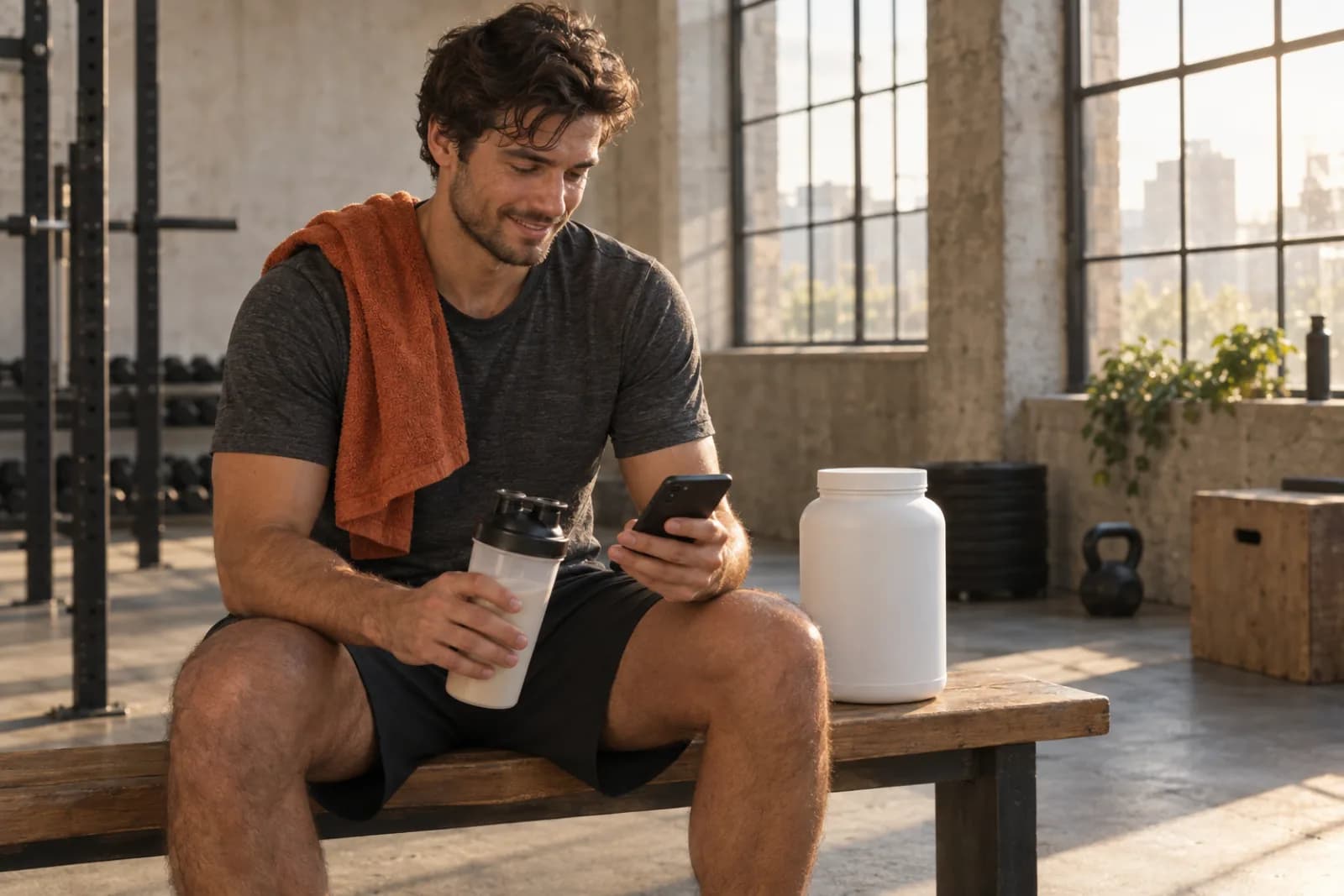 A man on a gym bench with a shaker and a protein tub, using his phone