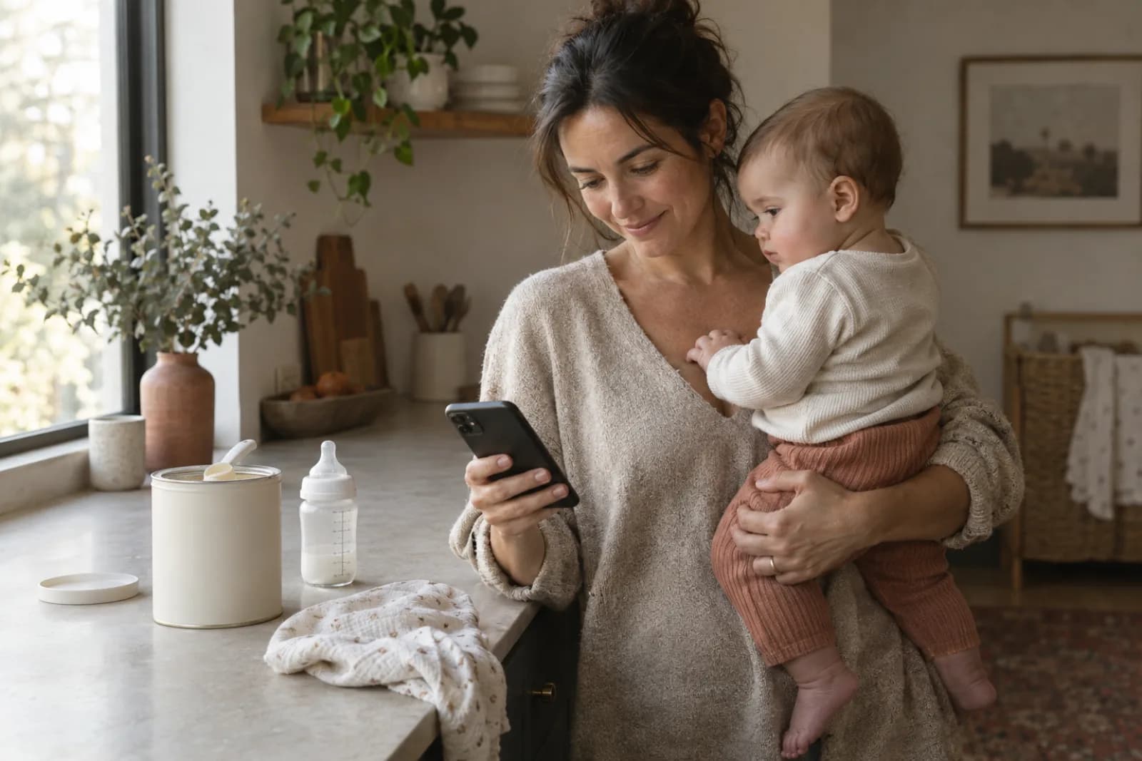 A mother holding her baby and checking her phone next to a formula tin
