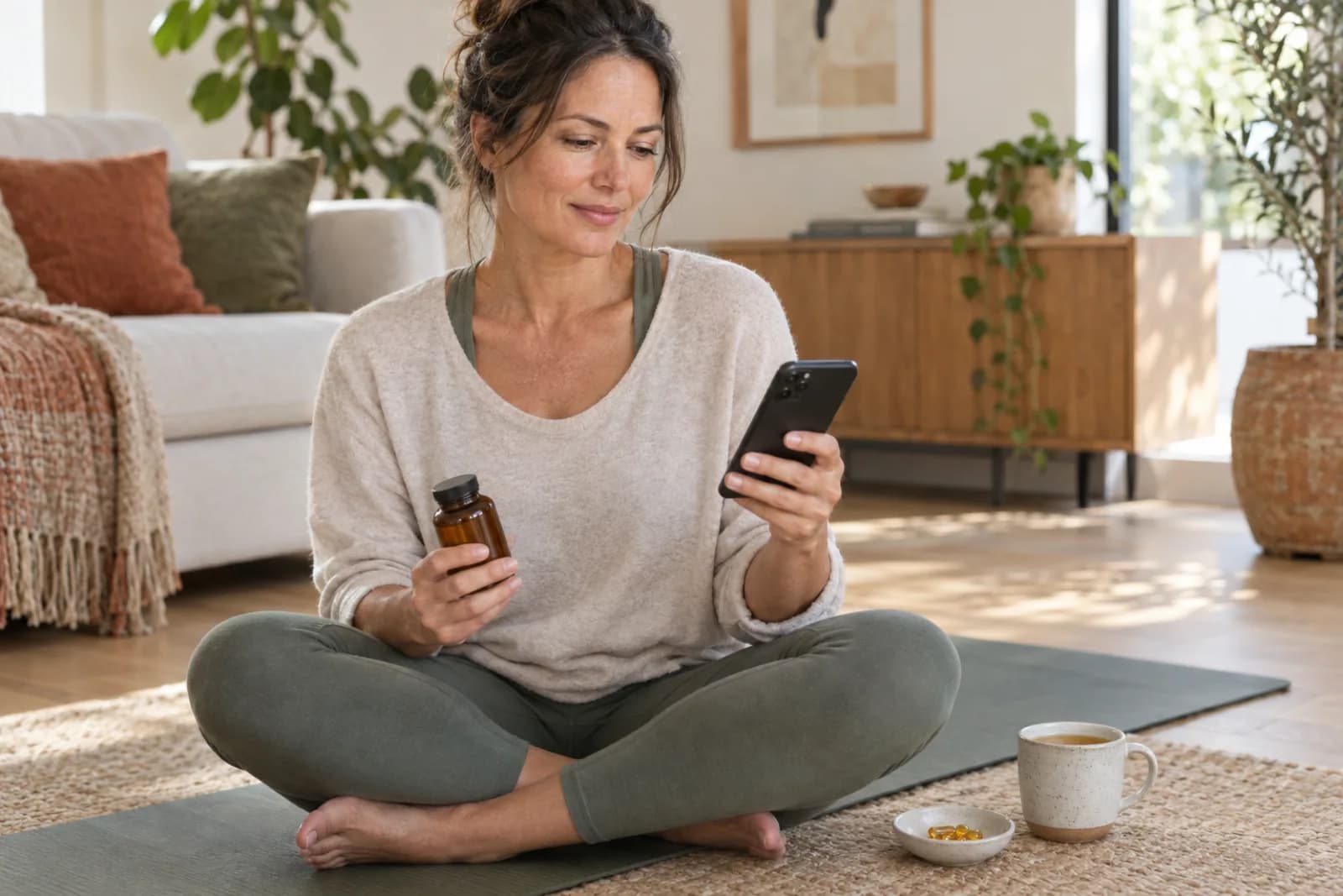 A woman on a yoga mat holding a vitamin bottle and her phone
