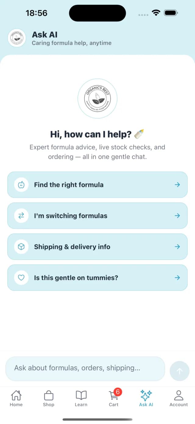 Ask AI shopping assistant in the Organic's Best mobile app