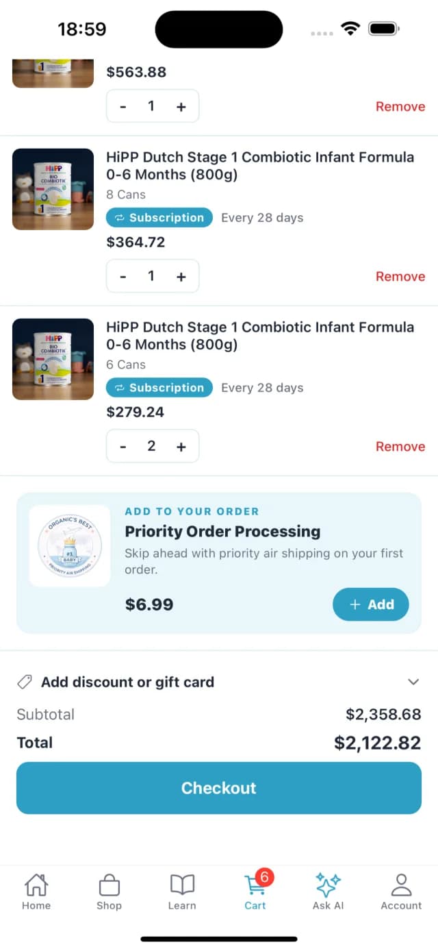 Cart with formula subscriptions in the Organic's Best mobile app