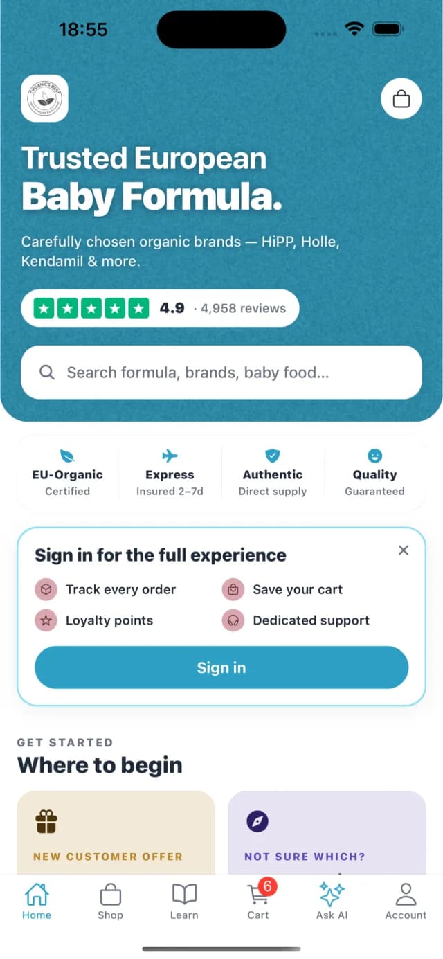 Branded home screen of the Organic's Best Shopify mobile app