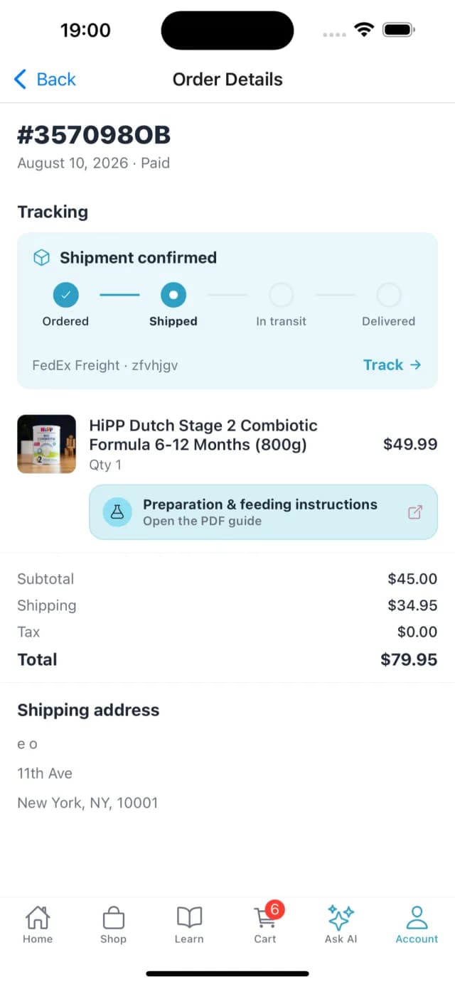 Order tracking screen in the Organic's Best mobile app