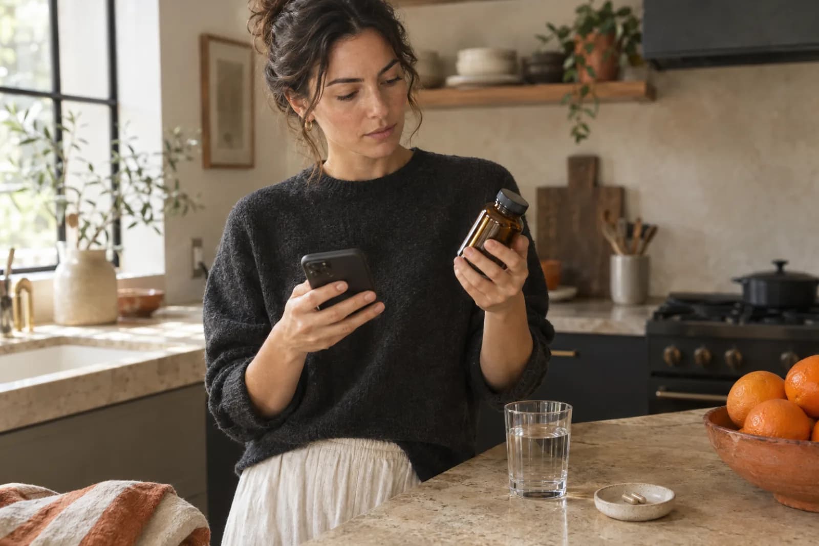 A woman in her kitchen reading a supplement bottle and asking a question on her phone